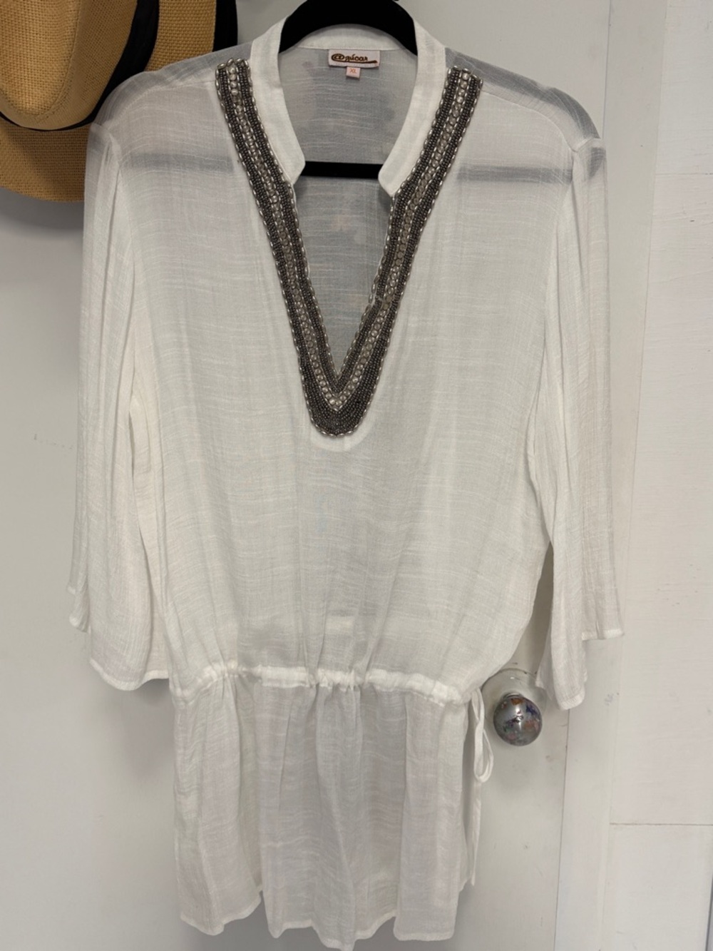 Beaded V-Neck White Swim Coverup Tunic